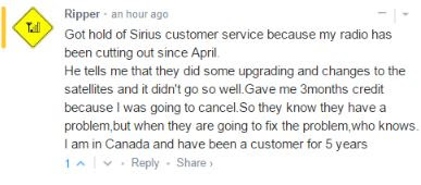 Comment about SiriusXM customer getting credit for poor reception