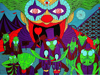 Paint Yonni-Gagarine : Acrylic 80x60 clown third eye mouth open carnival circus bugs insects hat tuxedo moon roller-coaster child children death mask