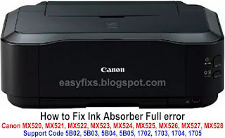 How to Fix Canon MX520, MX521, MX522, MX523, MX524, MX525, MX526, MX527, MX528 ink absorber full error, support code 5B02, 5B03, 5B04, 5B05, 1702, 1703, 1704, 1705