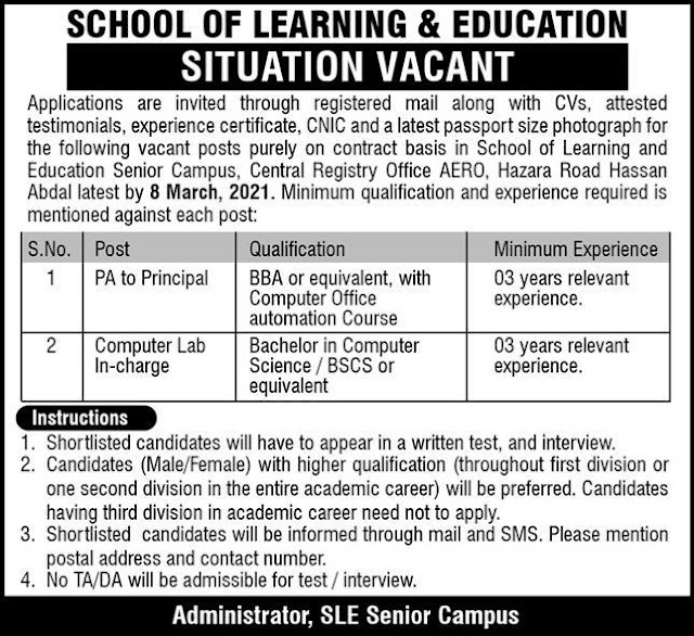 SCHOOL OF LEARNING AND EDUCATION- Hassan Abdal Jobs| jobspk14.com