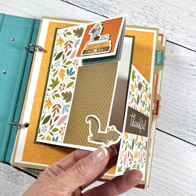 Fall Memories Scrapbook Album Page with folding elements, pretty autumn leaves, and a cute squirrel