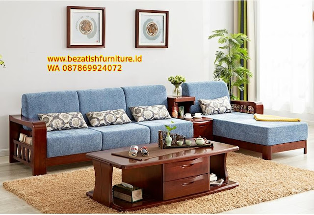 sofa ruang tamu minimalis modern kursi sudut kayu jati model pilihan terbaru khas Jepara