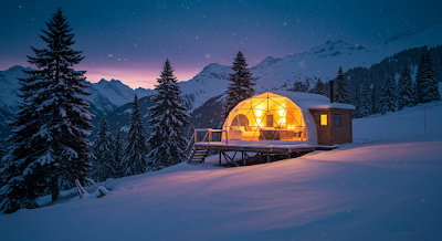 A glowing dome-shaped pod nestled in snowy mountains, surrounded by pine trees and falling snow, evening twilight scene