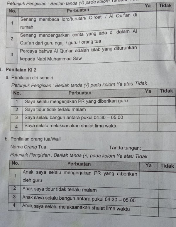 Contoh Lembar Penilaian Diri Sendiri, Orang Tua dan Teman