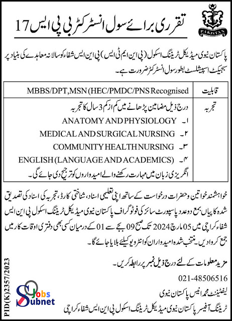 Pakistan Navy Medical Training School PNMTS Karachi Civil Instructor Job 2024