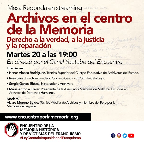 Mesa Redonda en streaming Archivos en el centro de la Memoria. Derecho a la verdad, a la justicia y la reparación.