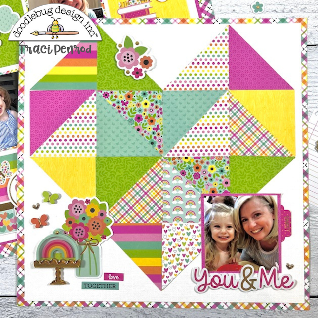 12x12 Hello Again Scrapbook Layout with a patchwork heart