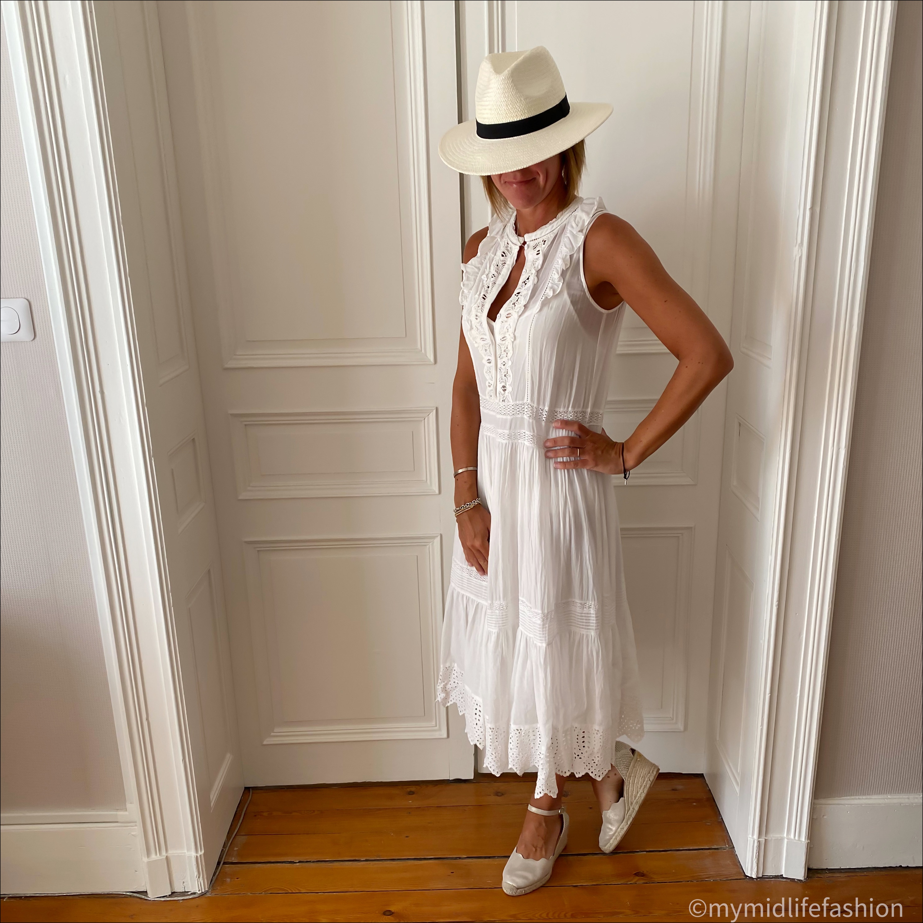 my midlife fashion, Rebecca Taylor broderie anglaise midi dress, zara Panama hat, Carl Scarpa Brittany nude sandals