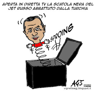 Putin, Erdogan, scatola nera, caccia russo, satira vignetta