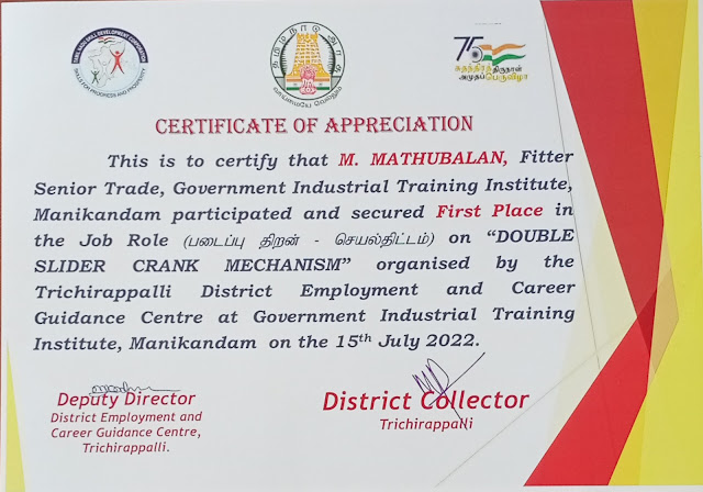 SKILL WEEK 2002 -WINNER  M.MATHUBALAN  FITTER SENIOR  FIRST PLACE  GOVT ITI MANIKANDAM