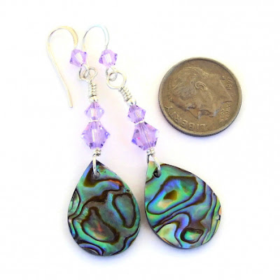 glowing paua shell abalone teardrop earrings lavender swarovski crystals