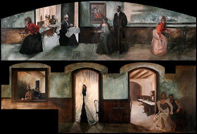 Pintura mural acrílica. Jaume Aguirre y Gabriel Vilanova. Gaito. Basado en Ramón Casas, Picasso, Valentin Serov, Degas y Edvard Munch