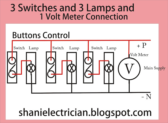 1 Volt Meter 3 Switches and 3 Lamps Parallel Circuit Connection