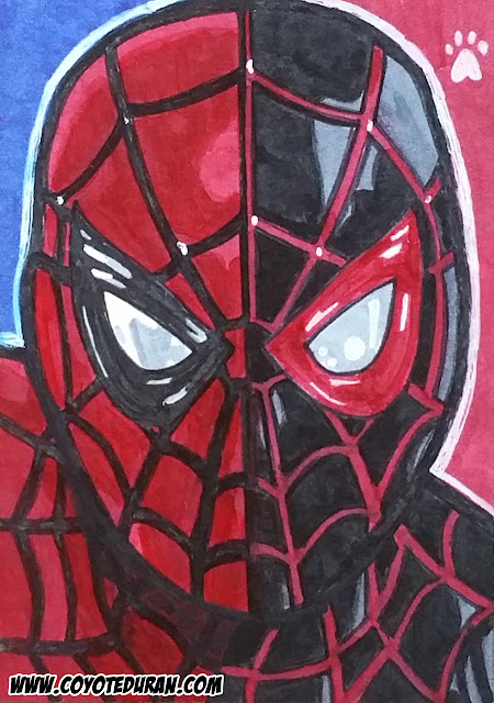 Peter Parker and Miles Morales as Spider-Man, 2.5" X 3.5", Micron pen and Copic Marker on Bristol Board sketch card. Art by Coyote Duran