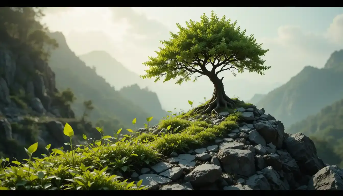 An abstract depiction of a winding, organic path with resilient green growth on uneven terrain, symbolizing the non-linear, patient process of personal development.