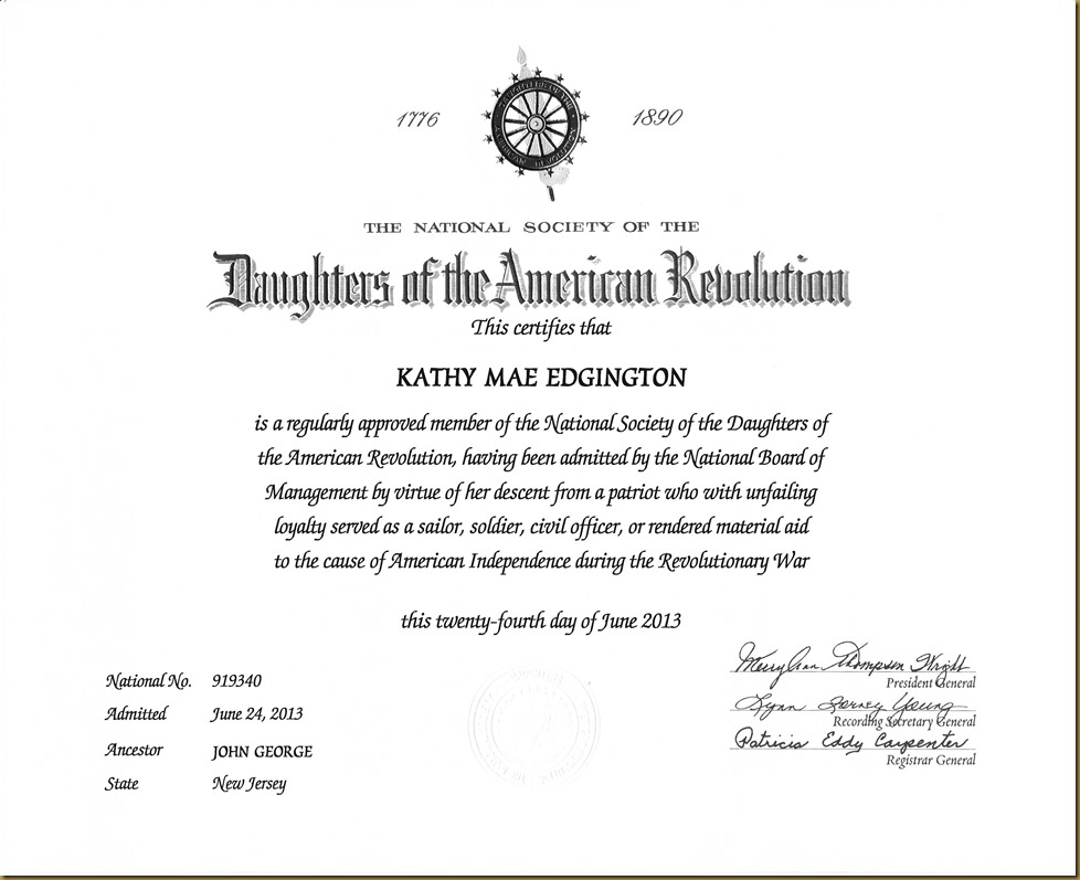 Kathy Irwin DAR Membership Record