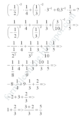 (-1/2)^-3 x 1/4 + (1/3)^-2 x 3^-1 + 0,3^-1 x 1/5 = ?