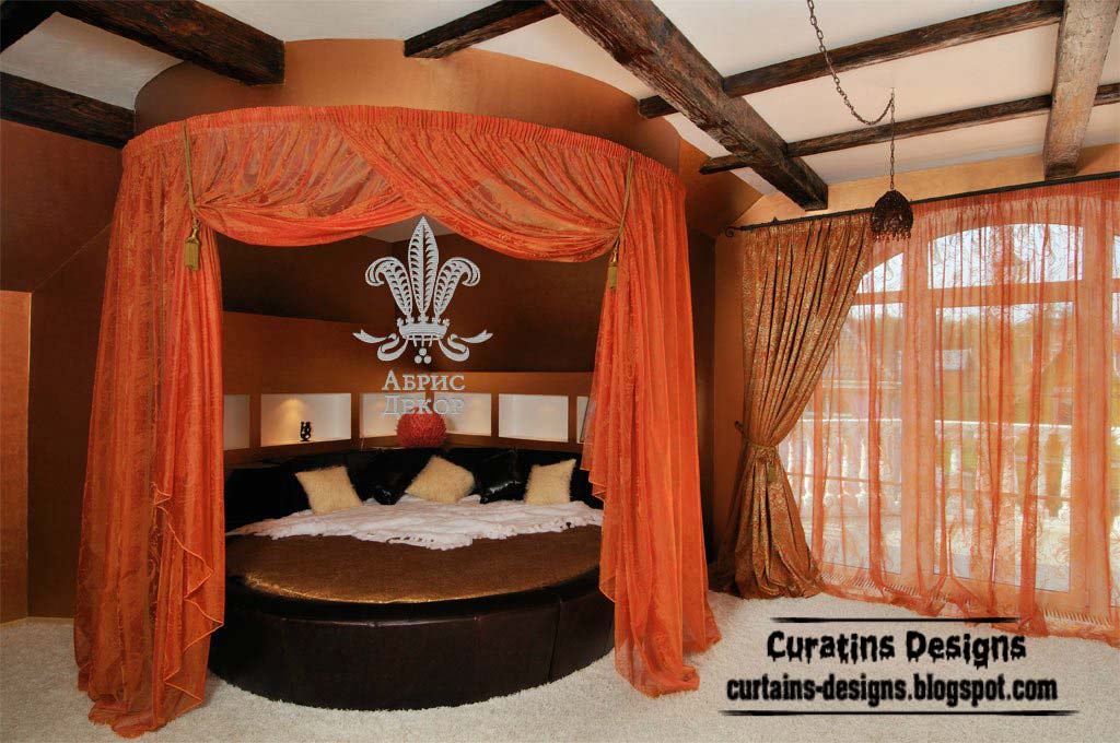 Orange canopy bed with modern bedroom curtain design, wood ceiling