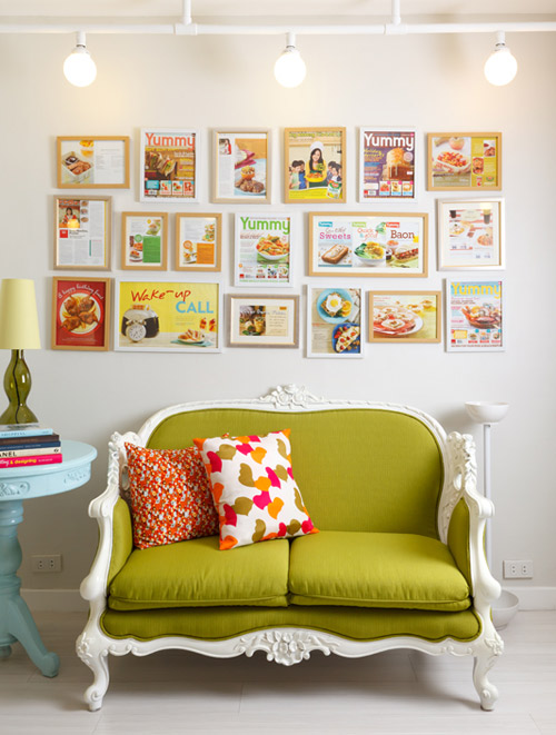 wall gallery, fun frame gallery, green sofa, french sofa, chich sofa