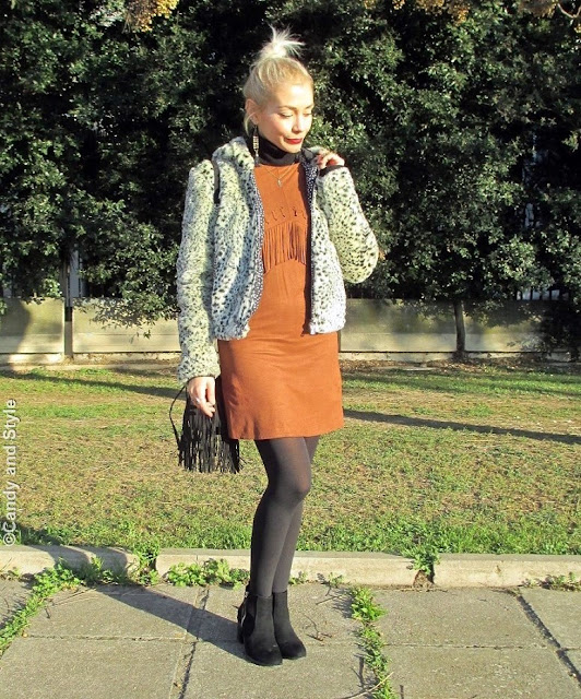 LeopardFauxFur+SuedeFringedDress+AnkleBoots+FringedBag+TopKnot+RedLips - Lilli Candy and Style Fashion Blog