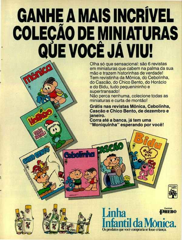 Anúncio da Phebo veiculado em 1985 apresentando a linha infantil da Turma da Mônica