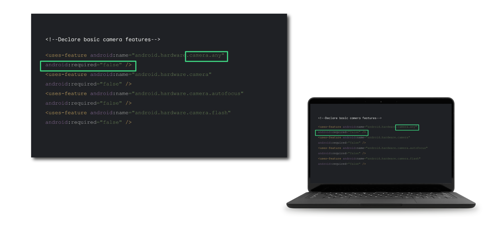 A Chromebook featuring recommended manifest entries for hardware features. These manifest entries are also featured on their own next to the Chromebook