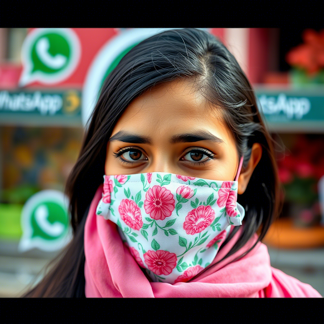 Girl with facemask winking in cute WhatsApp background