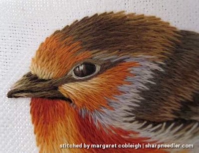 Detail of thread painted robin's head. (Robin by Trish Burr (Inspirations))