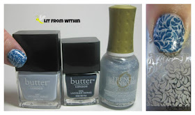 Butter London Kip and Lock In, Orly Etoile, and the stamp from UC plate 4-01
