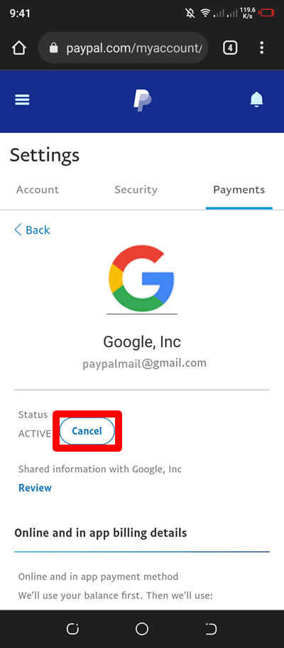 cancel google inc automatic payments in paypal