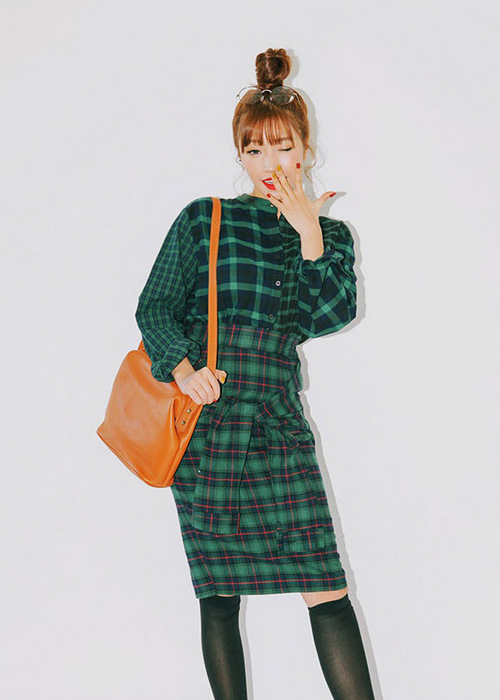 Color Check Knotted Shirt Skirt