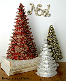 Vintage, Paint and more... cone trees made from ribbon, poster board and rope tinsel