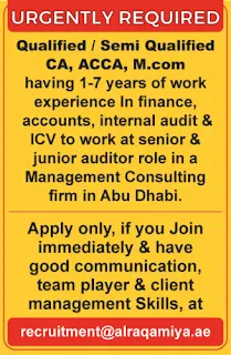 Required Urgently Qualified / Semi Qualified CA, ACCA Work At Senior & Junior Auditor Role In A Management Consulting Firm In Abu Dhabi
