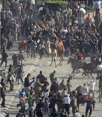 هجوم البلطجية وراكبو الجمال على المعتصمين في ميدان التحرير