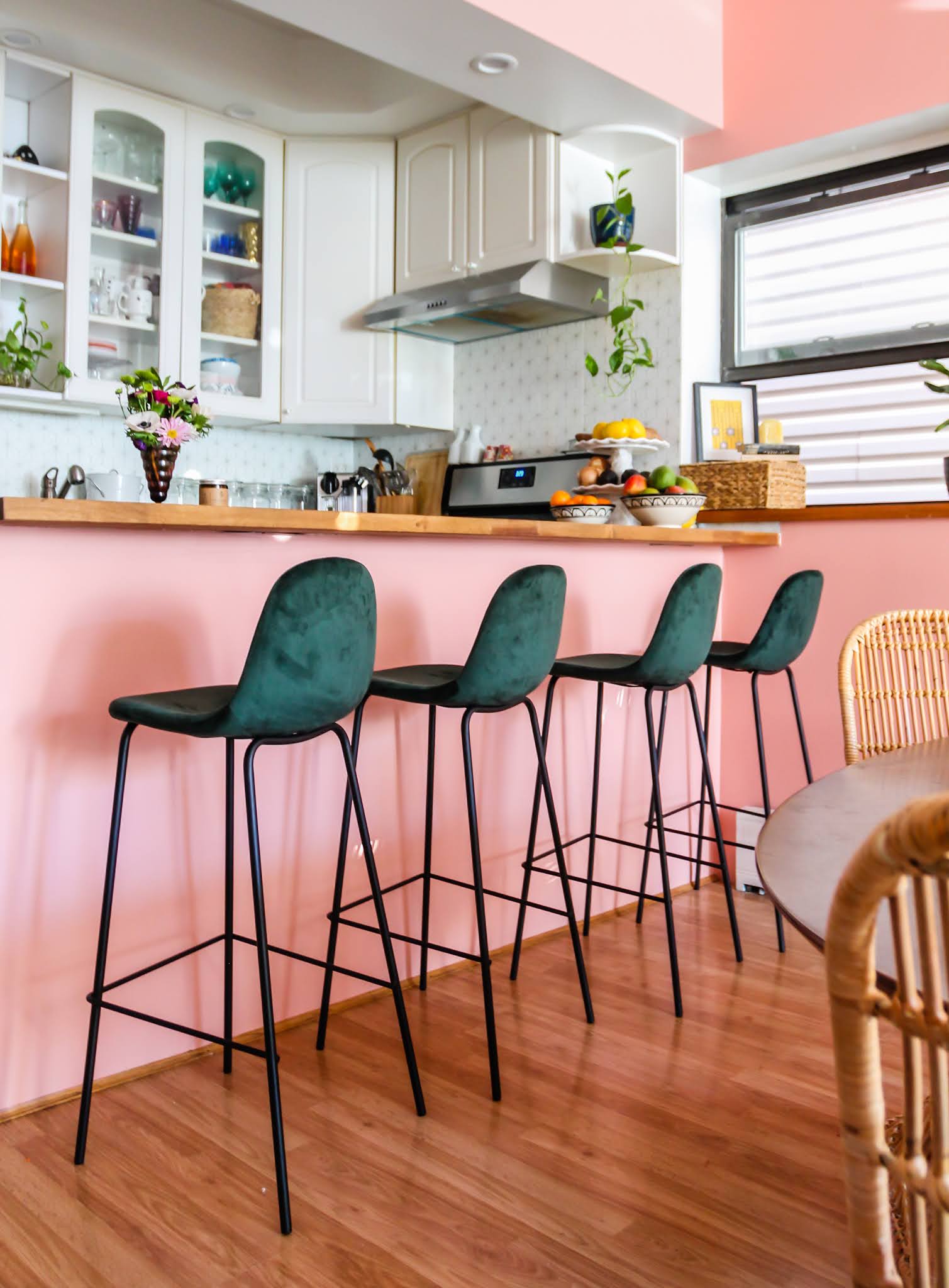 pink and green decor // green barstools // pink kitchen // diy wallpaper fridge // pink and green kitchen // colorful homes // Megan Zietz  Apartment // TfDiaries // pink and green room // pink and green Inspo // barstool inspo // velvet barstools // in mod Sigfred barstool // Green Velvet Mid Century Barstools