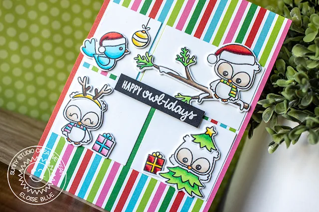 Sunny Studio Stamps: Happy Owlidays Comic Strip Everyday Dies Colorful Holiday Card with Eloise Blue