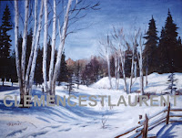 Abitibi winter, painting by Clemence St. Laurent - thick snow covering with white birch in foreground