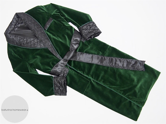 Extra warm green velvet men's dressing gown robe with quilted black silk collar in full length