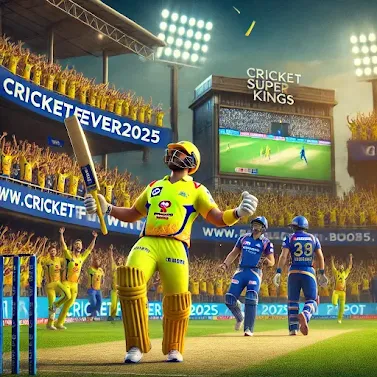 A 3D-rendered digital image showing a CSK batsman in a yellow jersey celebrating a big score against MI, while MI fielders in blue jerseys react in the background. The stadium is packed with cheering fans, and the scoreboard displays CSK's victory. The website 'https://cricketfever2025.blogspot.com/' is integrated into the stadium banners."