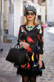 sheinside birds print dress, Givenchy Antigona bag, striped basque, Fashion and Cookies, fashion blogger