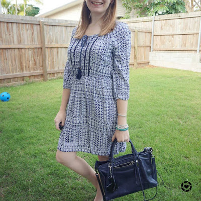 awayfromblue instagram | blue printed dress and navy rebecca minkof regan bag for shopping day