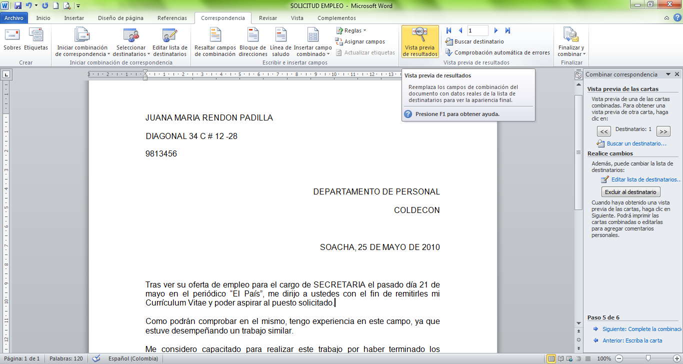 PORTAFOLIO DE EVIDENCIA: SOLICITUD DE EMPLEO