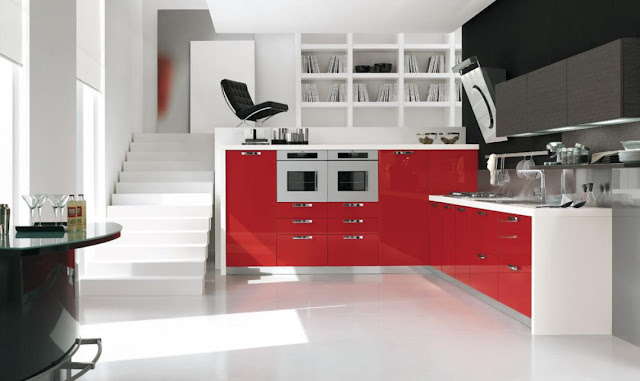 Modern kitchen with brown red blue theme, area by stoso-12