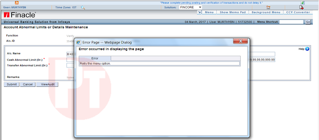 Solution for the error - "Retry the menu option" in DOP Finacle