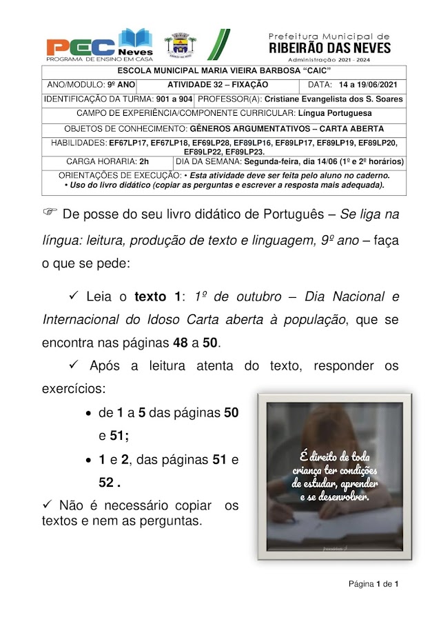 LÍNGUA PORTUGUESA - PROFª. CRISTIANE EVANGELISTA - ATIVIDADE 32 - FIXAÇÃO - 901 a 904 (14 a 19/06/2021)