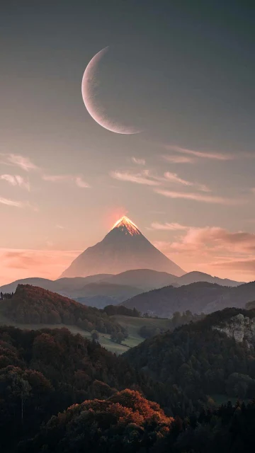 Mountain, Volcano, Forest, Trees, Landscape, Moon, Nature, Mobile Wallpaper