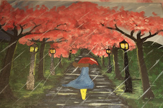 A girl in a blue dress with a red umbrella, walking down an avenue of cherry blossoms  in the rain