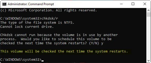 This volume will be checked the next time the system restarts.