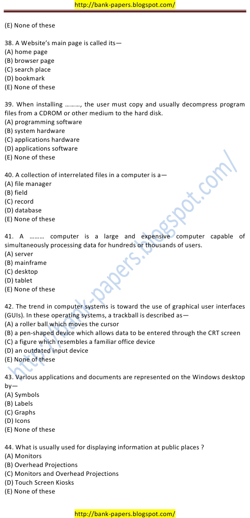 Bank examination Computer Question Papers