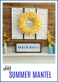 Vintage Paint and more... a summer mantel diy'd with a fabric rag wreath, recyled and painted bottles, and a beach sign done with Chalk Couture transfer, chalk paste and box frame.